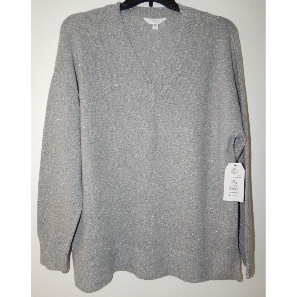 Women's Time And Tru V Neck Sequin Sweater GRAY Pullover Size XL (16-18) NWT